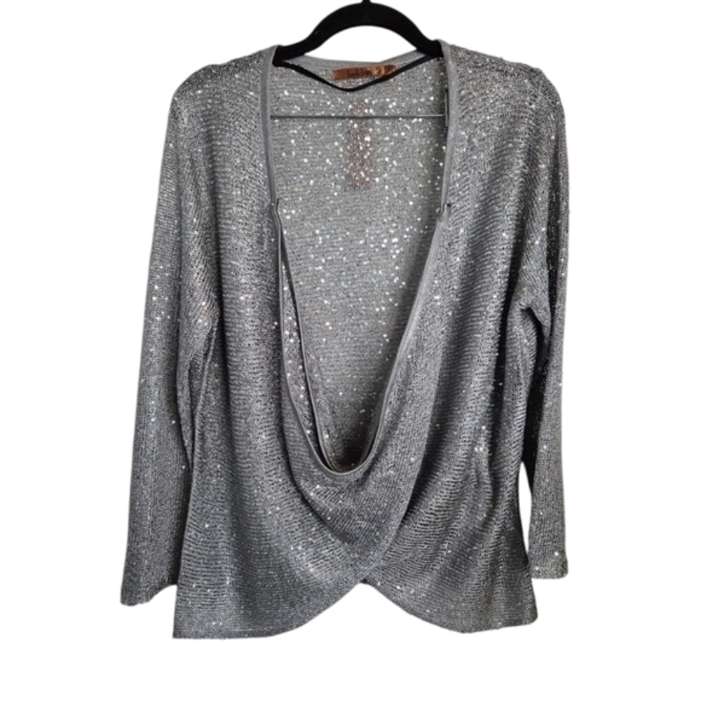 Belldini Sequin Knit Cardigan Metallic Sparkle Nwt Gray Sz XL